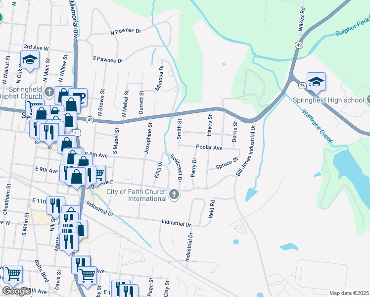 map of restaurants, bars, coffee shops, grocery stores, and more near 805 Poplar Avenue in Springfield