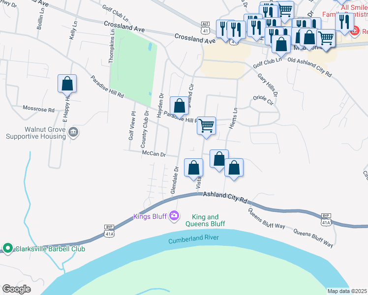 map of restaurants, bars, coffee shops, grocery stores, and more near 818 Glendale Drive in Clarksville
