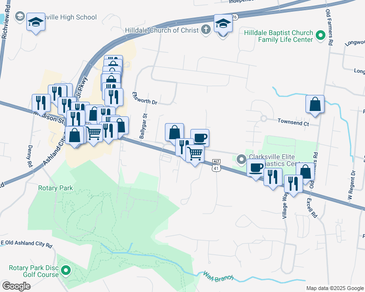 map of restaurants, bars, coffee shops, grocery stores, and more near 2545 Madison Street in Clarksville