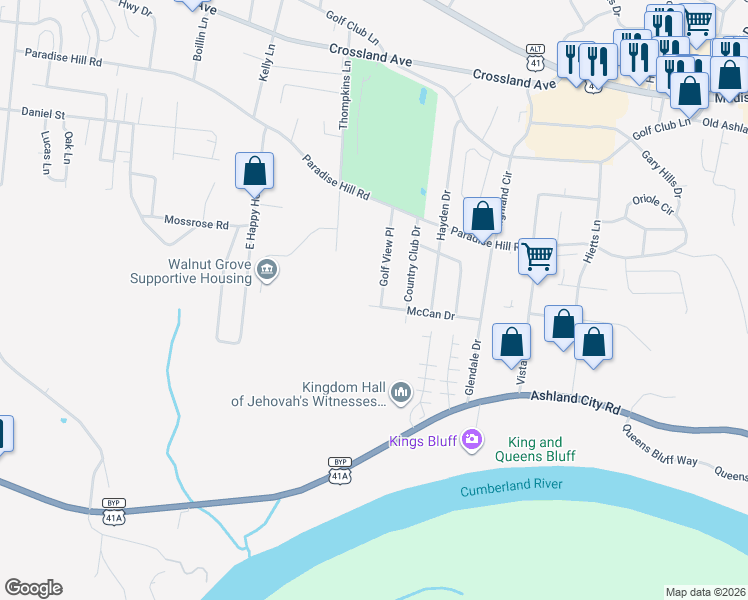 map of restaurants, bars, coffee shops, grocery stores, and more near 820 Golf View Place in Clarksville