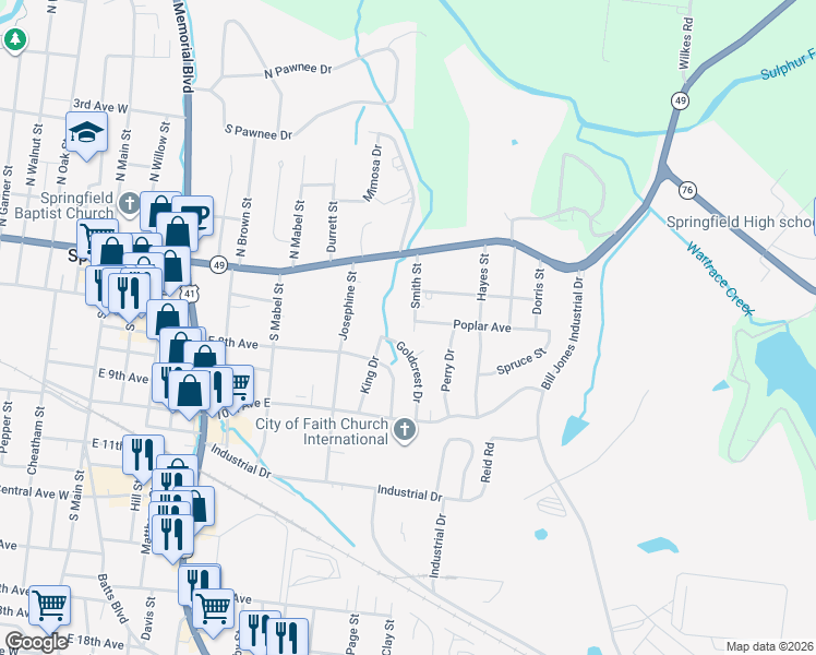 map of restaurants, bars, coffee shops, grocery stores, and more near 703 Smith Street in Springfield
