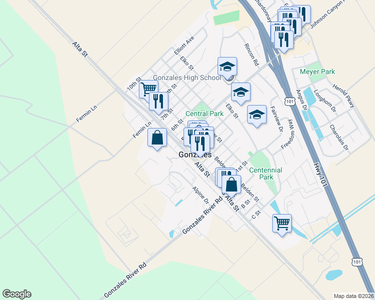 map of restaurants, bars, coffee shops, grocery stores, and more near in Gonzales