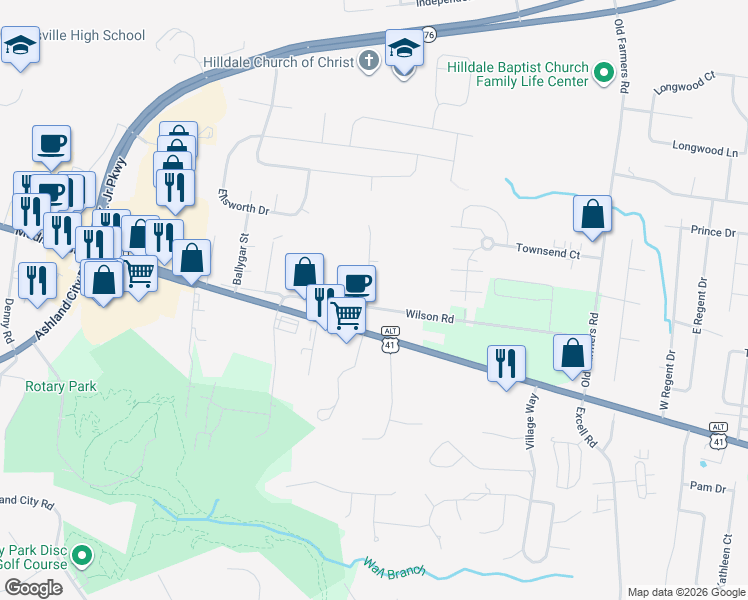 map of restaurants, bars, coffee shops, grocery stores, and more near 301 Chase Dr in Clarksville