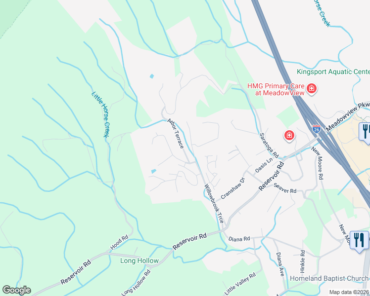 map of restaurants, bars, coffee shops, grocery stores, and more near 343 Arbor Terrace in Kingsport