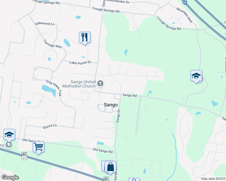 map of restaurants, bars, coffee shops, grocery stores, and more near 3341 Sango Road in Clarksville