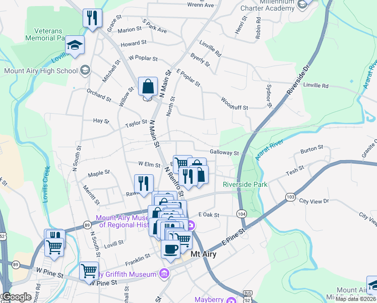 map of restaurants, bars, coffee shops, grocery stores, and more near 302 Galloway Street in Mount Airy