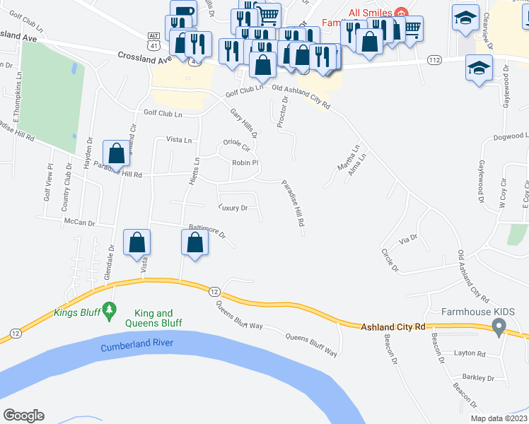 map of restaurants, bars, coffee shops, grocery stores, and more near 157 Maureen Drive in Clarksville
