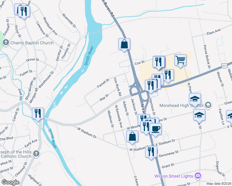 map of restaurants, bars, coffee shops, grocery stores, and more near 310 Von Ruck Road in Eden