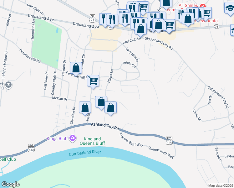 map of restaurants, bars, coffee shops, grocery stores, and more near 1560 East Knollwood Circle in Clarksville