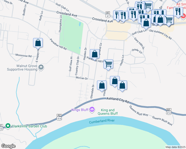 map of restaurants, bars, coffee shops, grocery stores, and more near 818 Glendale Drive in Clarksville