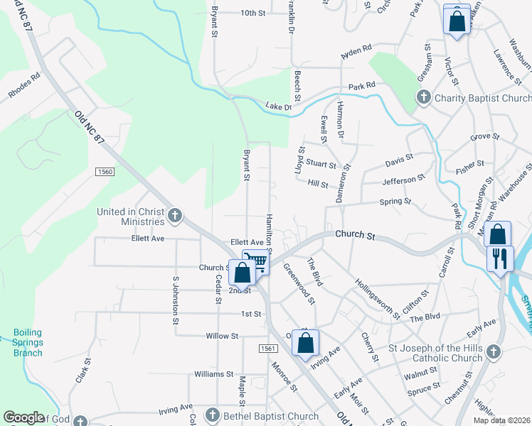 map of restaurants, bars, coffee shops, grocery stores, and more near 203 South Hamilton Street in Eden