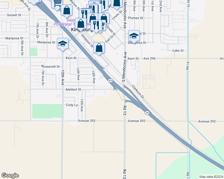 map of restaurants, bars, coffee shops, grocery stores, and more near 1599 Mehlert Street in Kingsburg