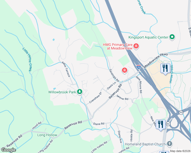 map of restaurants, bars, coffee shops, grocery stores, and more near 2300 Jayne Road in Kingsport