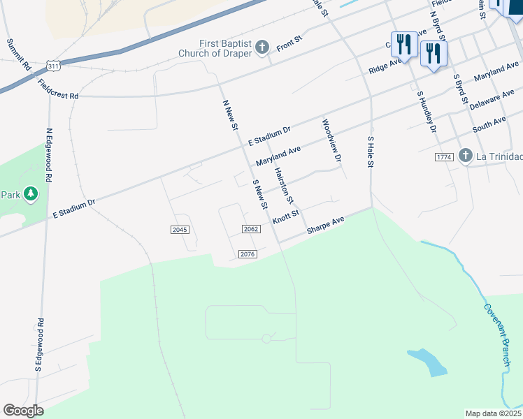map of restaurants, bars, coffee shops, grocery stores, and more near 211 South New Street in Eden