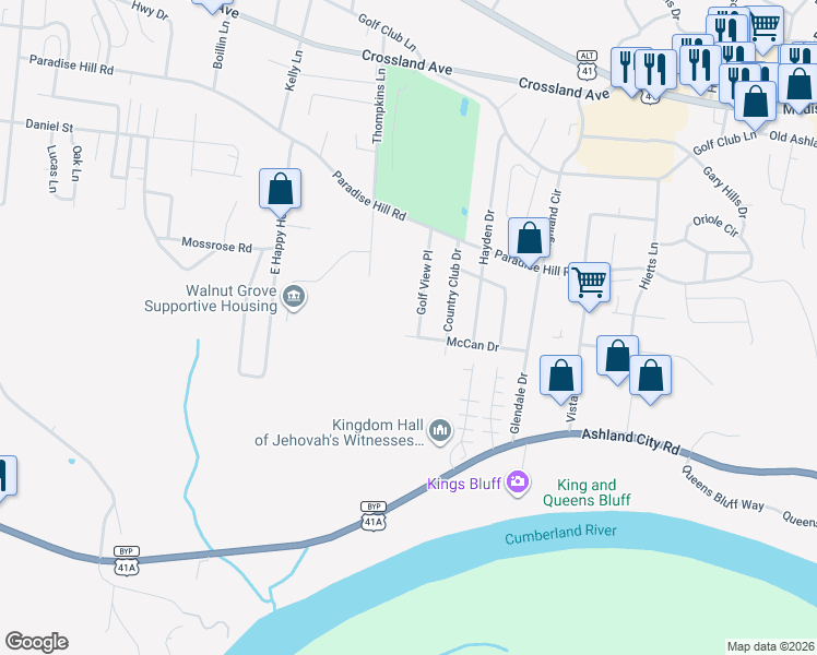 map of restaurants, bars, coffee shops, grocery stores, and more near 820 Golf View Place in Clarksville