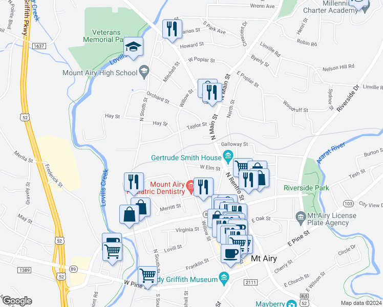 map of restaurants, bars, coffee shops, grocery stores, and more near Churchill Lane in Mount Airy