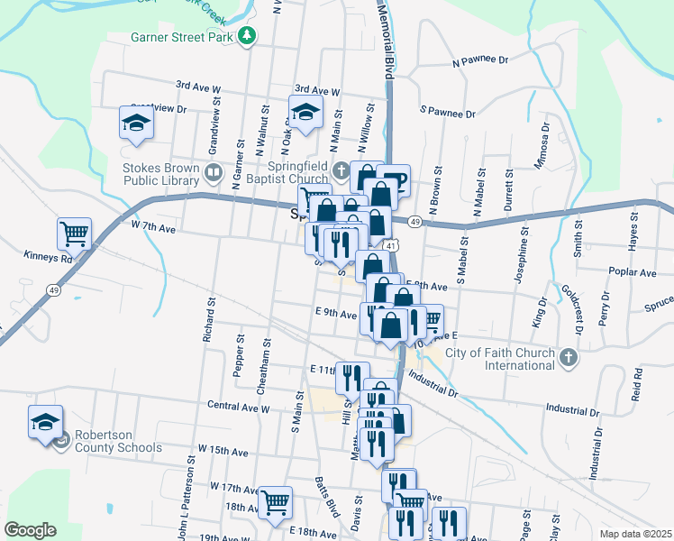 map of restaurants, bars, coffee shops, grocery stores, and more near 711 South Willow Street in Springfield