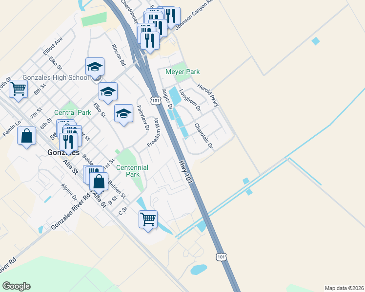 map of restaurants, bars, coffee shops, grocery stores, and more near 725 Jersey Dr in Gonzales