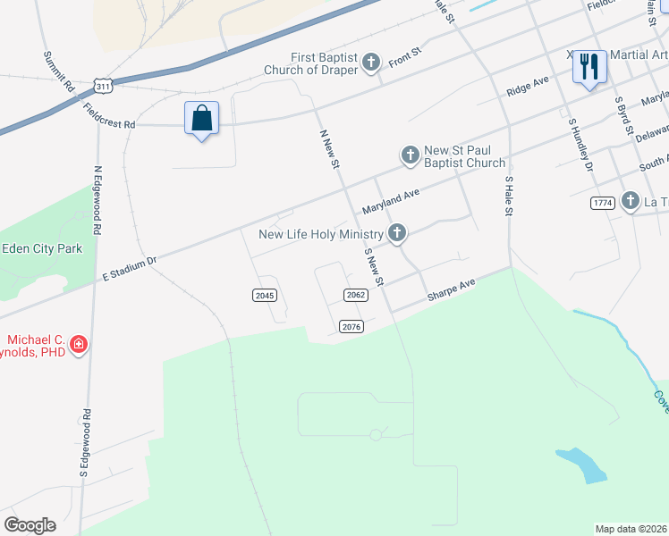 map of restaurants, bars, coffee shops, grocery stores, and more near 203 Charlie Street in Eden