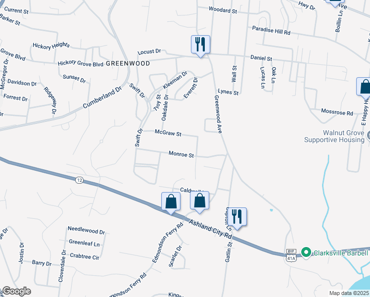 map of restaurants, bars, coffee shops, grocery stores, and more near 739 Monroe St in Clarksville