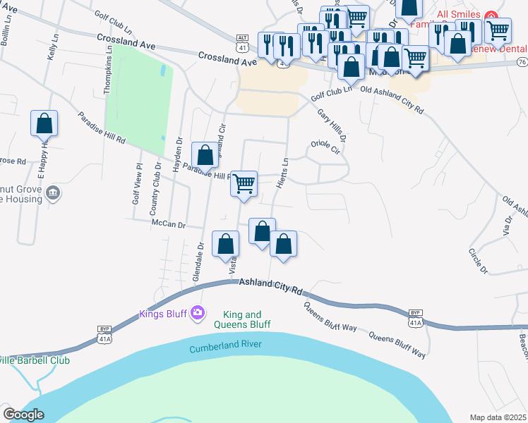 map of restaurants, bars, coffee shops, grocery stores, and more near 540 Hietts Lane in Clarksville