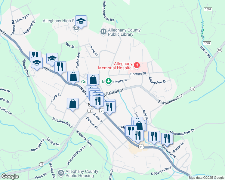 map of restaurants, bars, coffee shops, grocery stores, and more near 173 East Whitehead Street in Sparta