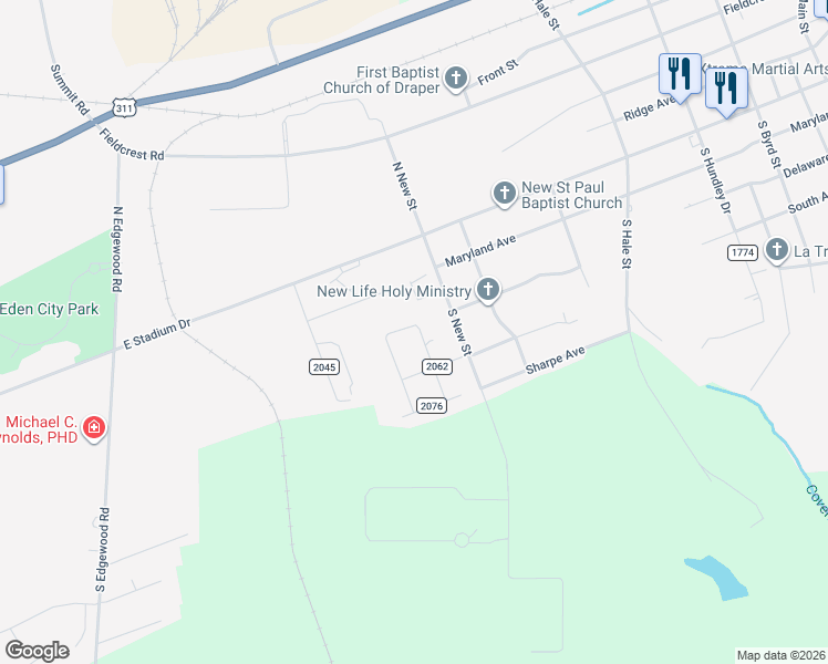 map of restaurants, bars, coffee shops, grocery stores, and more near 203 Charlie Street in Eden