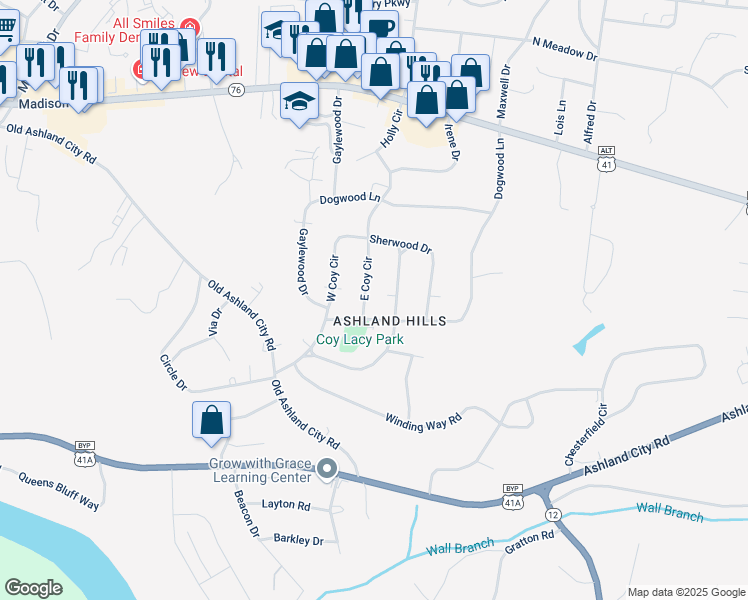 map of restaurants, bars, coffee shops, grocery stores, and more near 101 Lacy Lane in Clarksville