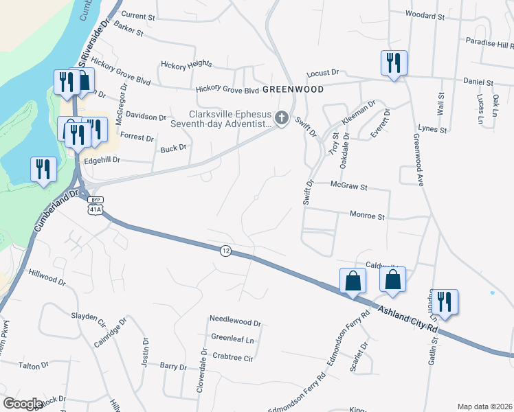 map of restaurants, bars, coffee shops, grocery stores, and more near 1219 Beverly Hills Drive in Clarksville