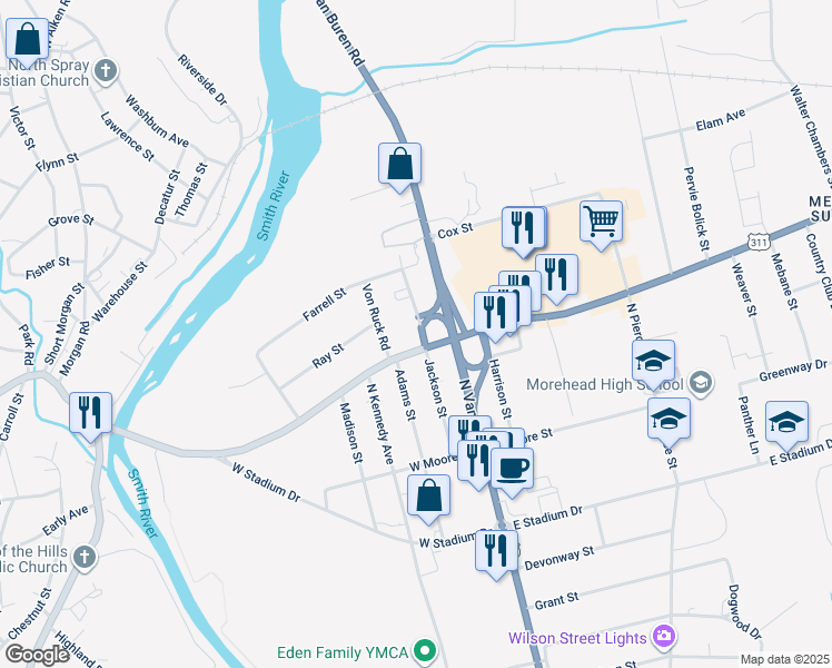 map of restaurants, bars, coffee shops, grocery stores, and more near 305 Jackson Street in Eden