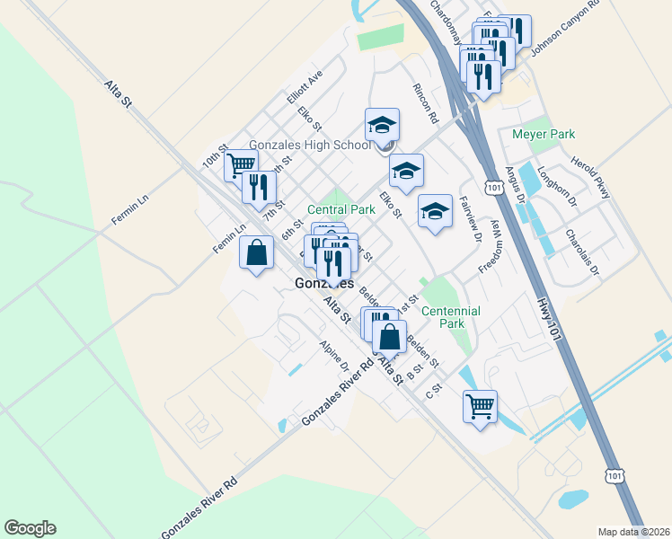 map of restaurants, bars, coffee shops, grocery stores, and more near 44 4th Street in Gonzales