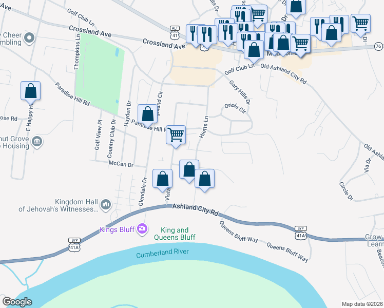 map of restaurants, bars, coffee shops, grocery stores, and more near 1500 West Knollwood Circle in Clarksville