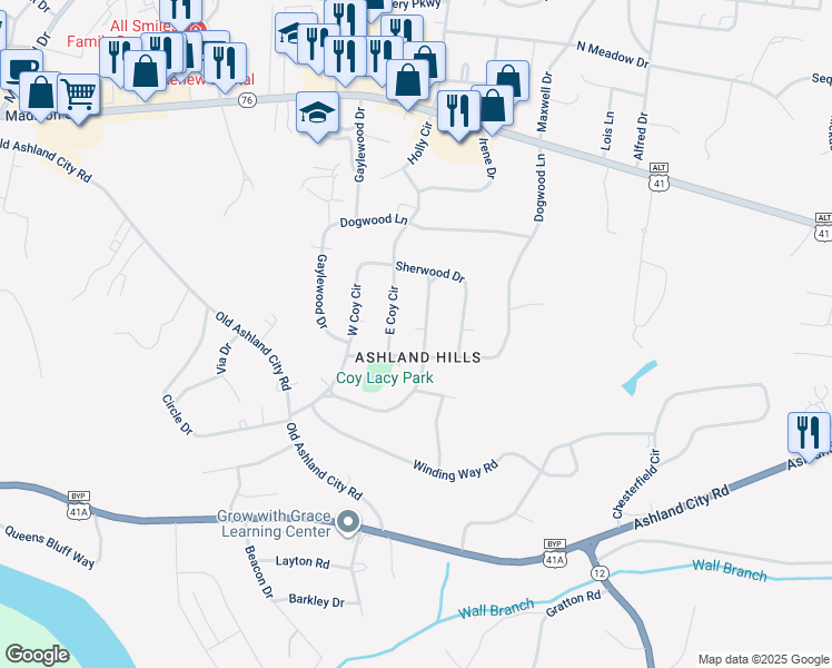 map of restaurants, bars, coffee shops, grocery stores, and more near 101 Lacy Lane in Clarksville
