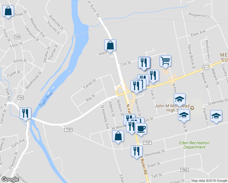 map of restaurants, bars, coffee shops, grocery stores, and more near 305 Jackson Street in Eden