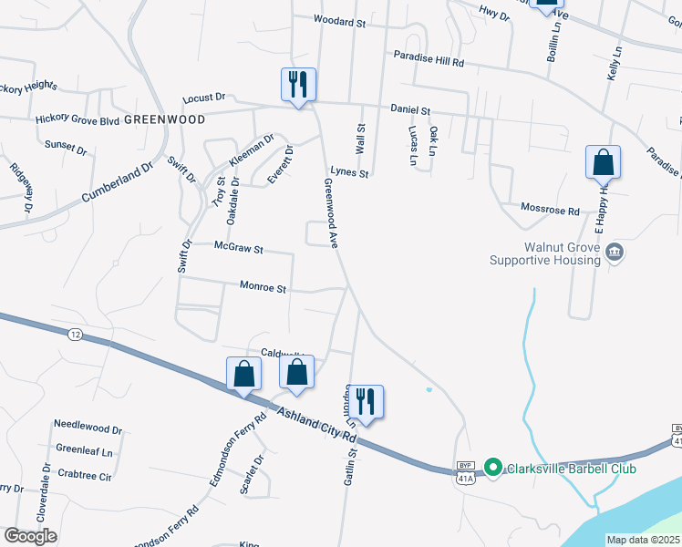 map of restaurants, bars, coffee shops, grocery stores, and more near 990 Greenwood Avenue in Clarksville