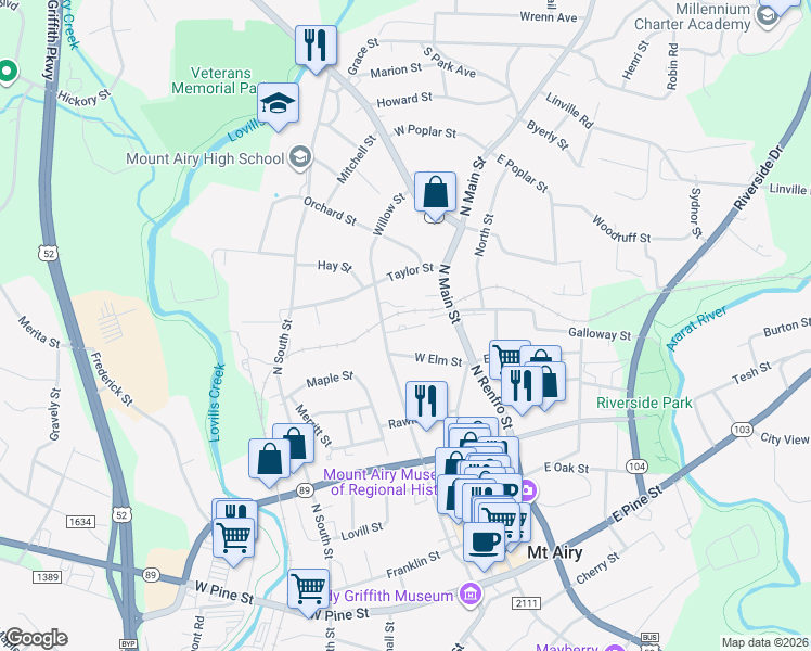 map of restaurants, bars, coffee shops, grocery stores, and more near 139 Churchill Lane in Mount Airy
