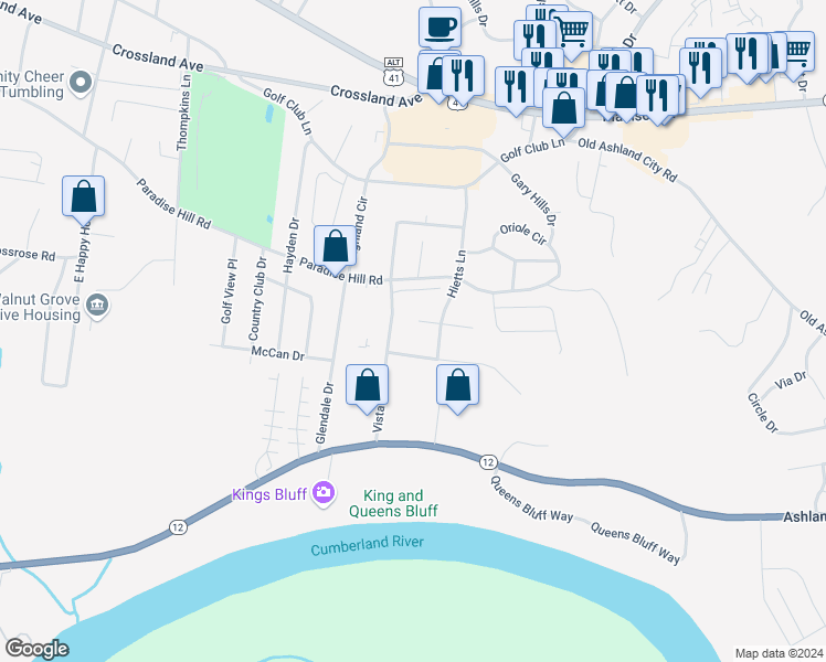 map of restaurants, bars, coffee shops, grocery stores, and more near 1500 West Knollwood Circle in Clarksville
