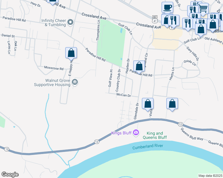 map of restaurants, bars, coffee shops, grocery stores, and more near 820 Golf View Place in Clarksville