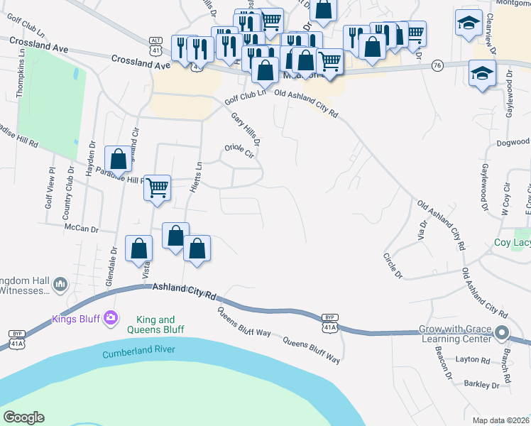 map of restaurants, bars, coffee shops, grocery stores, and more near 157 Maureen Drive in Clarksville