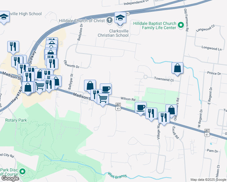 map of restaurants, bars, coffee shops, grocery stores, and more near 301 Chase Dr in Clarksville