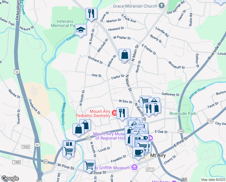 map of restaurants, bars, coffee shops, grocery stores, and more near 148 Churchill Lane in Mount Airy