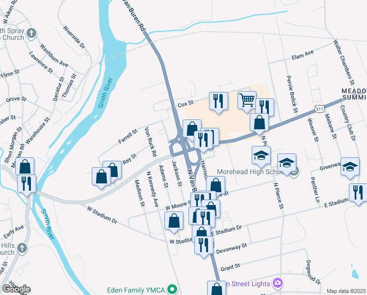 map of restaurants, bars, coffee shops, grocery stores, and more near North Carolina 14 in Eden