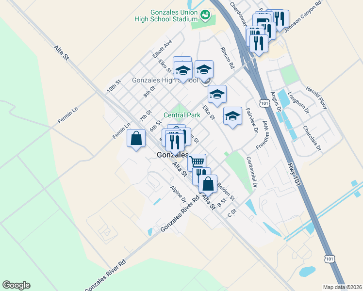 map of restaurants, bars, coffee shops, grocery stores, and more near 105 3rd Street in Gonzales