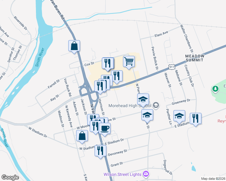 map of restaurants, bars, coffee shops, grocery stores, and more near 148 East Meadow Road in Eden