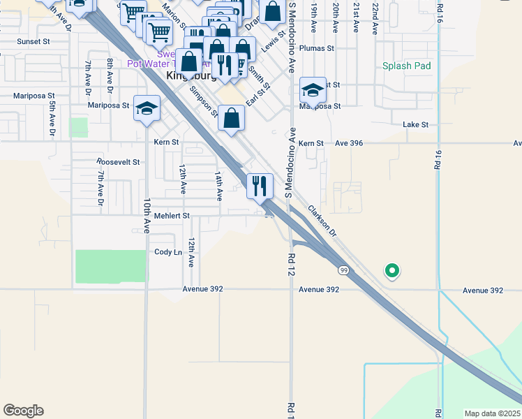 map of restaurants, bars, coffee shops, grocery stores, and more near 1599 Mehlert Street in Kingsburg