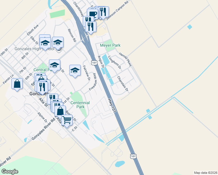 map of restaurants, bars, coffee shops, grocery stores, and more near 725 Jersey Drive in Gonzales