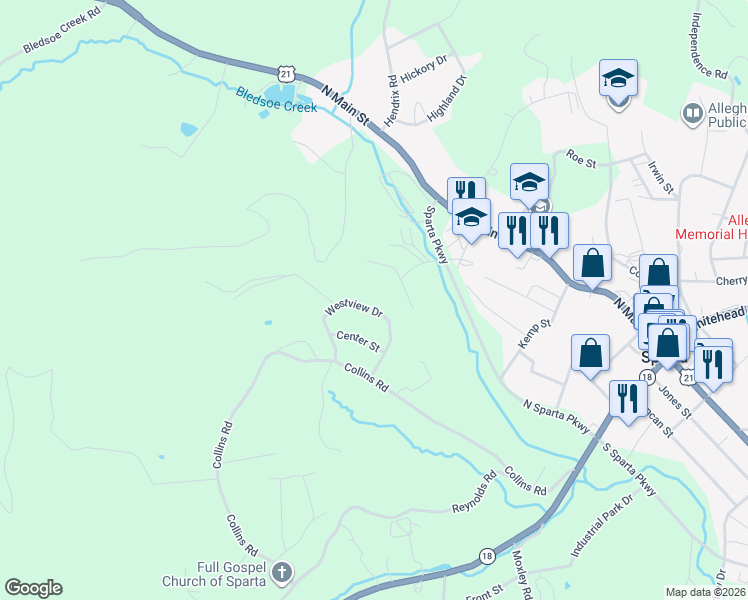 map of restaurants, bars, coffee shops, grocery stores, and more near 198 Westview Drive in Sparta