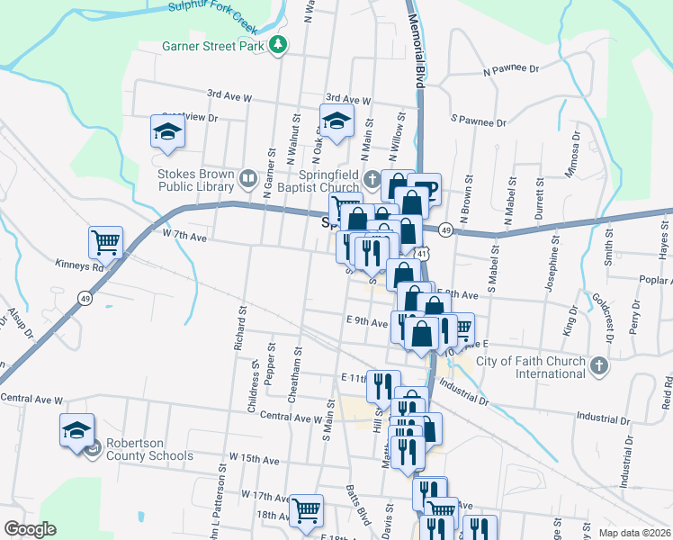 map of restaurants, bars, coffee shops, grocery stores, and more near 729 South Main Street in Springfield