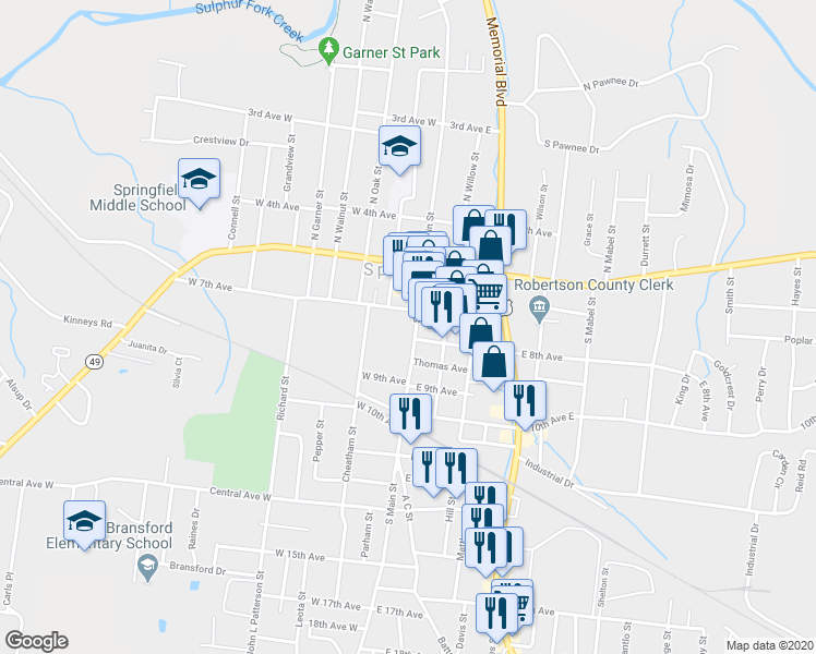 map of restaurants, bars, coffee shops, grocery stores, and more near 729 South Main Street in Springfield