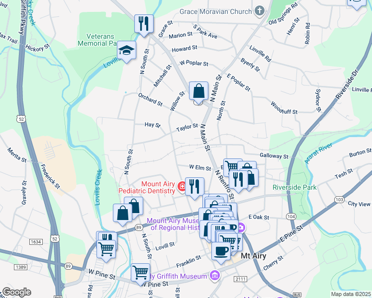 map of restaurants, bars, coffee shops, grocery stores, and more near 132 Churchill Lane in Mount Airy